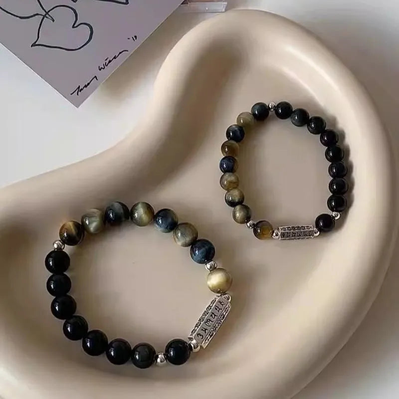 Tigereye Obsidian S925 Sterling Silver Six Words Mantra couple bracelet set in Chinese geometric style