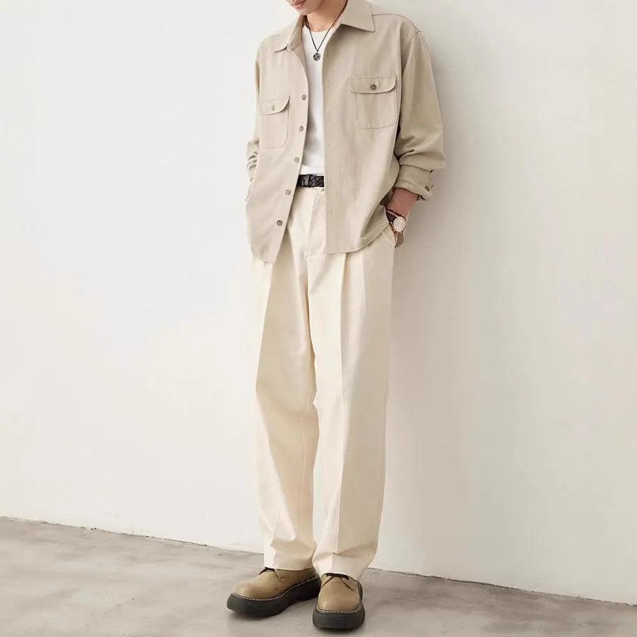 Men's long sleeve lapel collar shirt in a chemical fibre blend fabric.