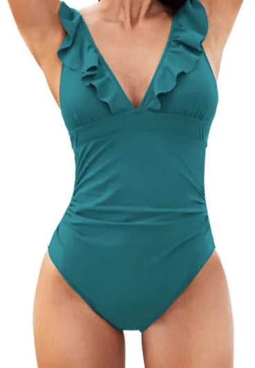 Women's V-neck one-piece swimsuit with lace-up front and flounce detail in multiple colour options