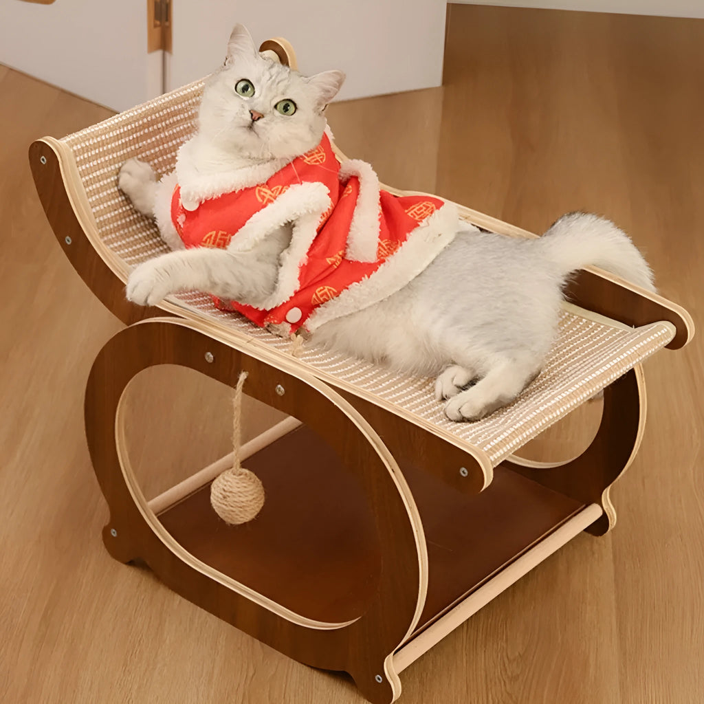 Solid wood cat scratching mat with sisal surface in walnut colour, also used as a cat bed.
