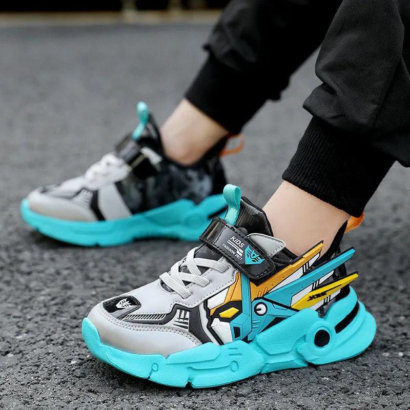 Children's leather surface Velcro running shoes with cartoon pattern in yellow, black red, and lake blue colours