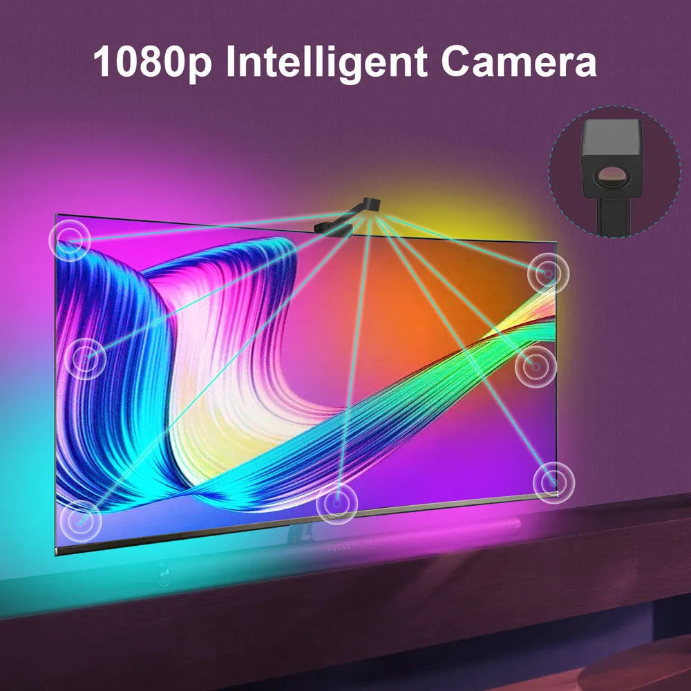 Graffiti APP synchronisation smart LED light strip with camera for TV backlighting, showing remote control and 5m black strip.