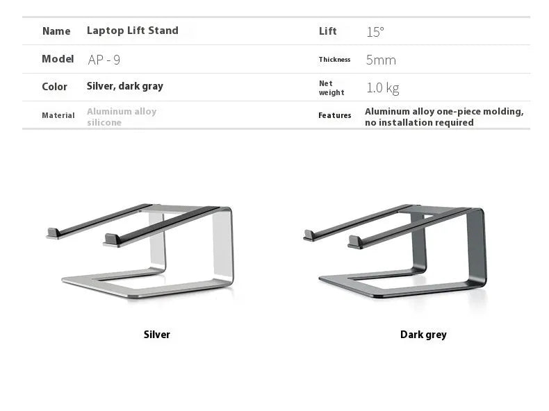 Black aluminium alloy laptop stand on wooden desk with laptop positioned on top