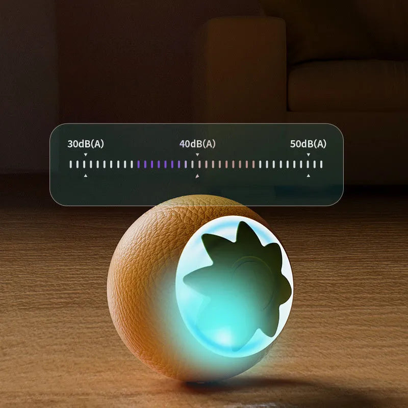 Green electric rolling ball pet toy for dogs and cats on a floor.