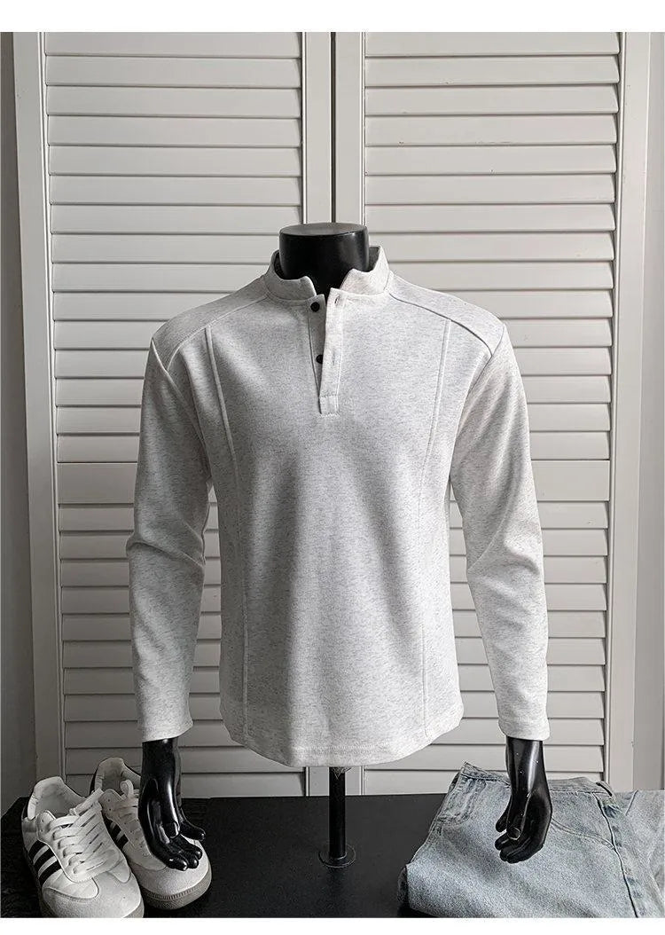 Men's stand-up collar polo shirt with asymmetric patchwork design in grey colour