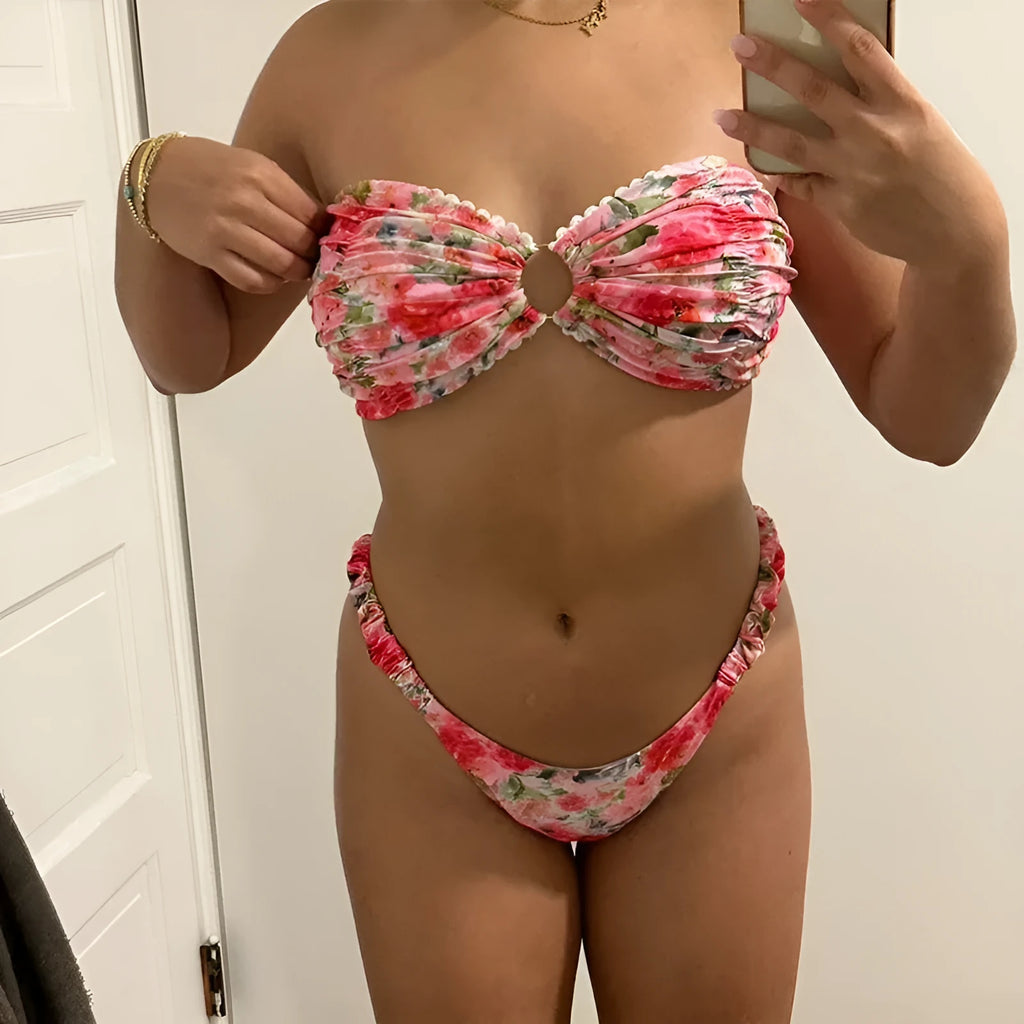 Women's floral printed lace-trim bikini set in blue, shown front and back.