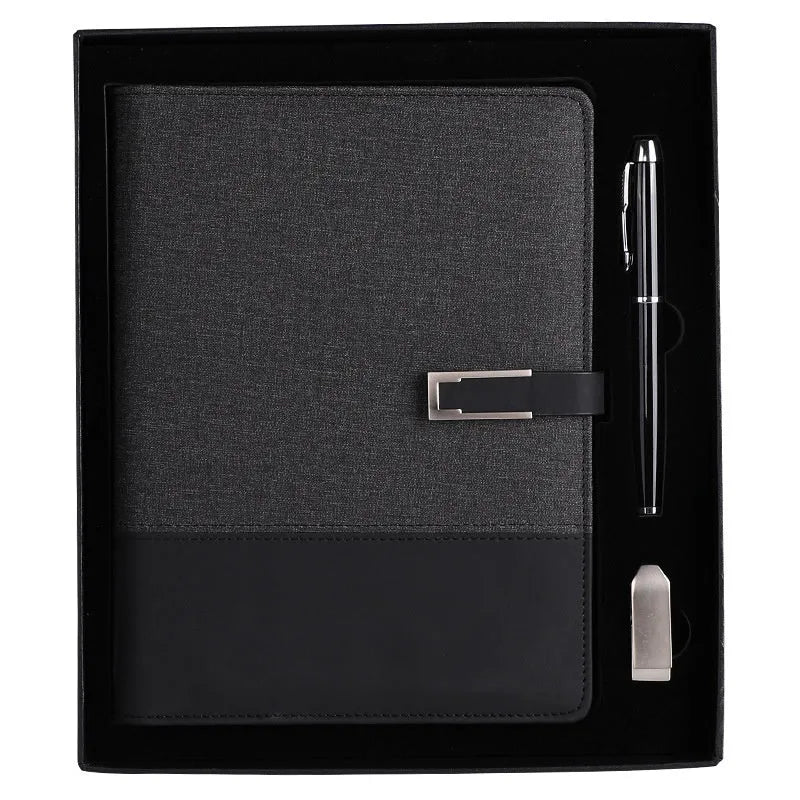 A5 soft PU leather notebook in brown, open on wood-free paper pages.