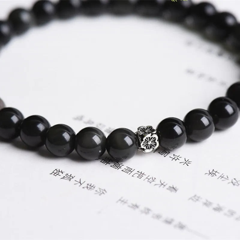 Natural obsidian bracelet with S925 sterling silver dragon phoenix decorations and constellation design on 6mm beads