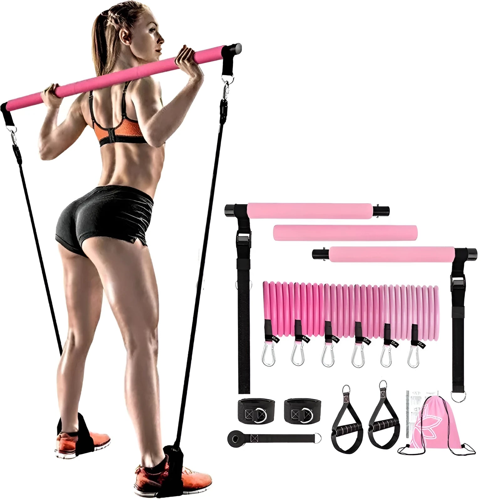 Women's rope stretch fitness stick 11-piece set in pink, purple and black TPE resistance bars