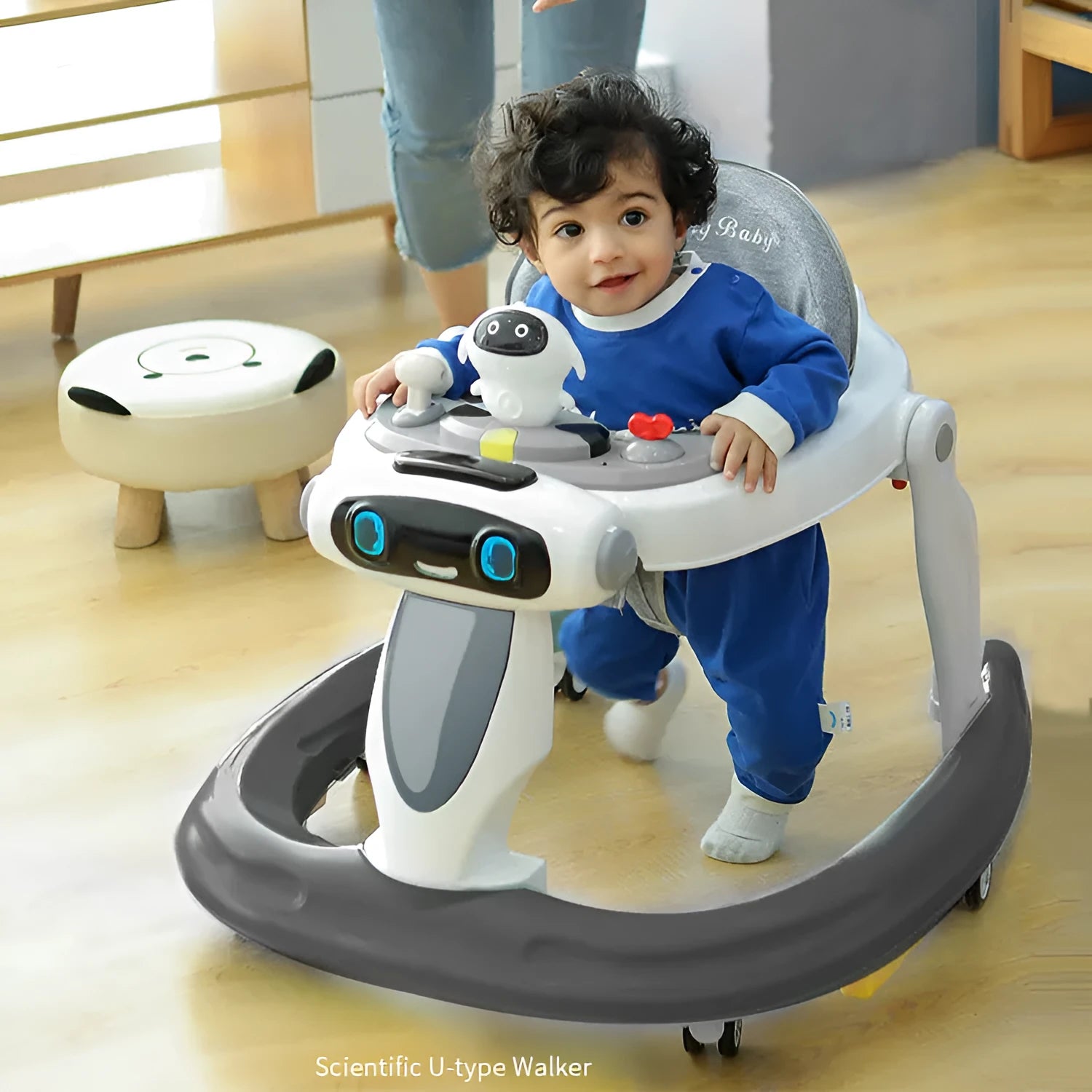 Anti-O-leg baby walker with music, mute wheels, adjustable seat cushion, and clear dinner plate in Dazzle Aqua colour