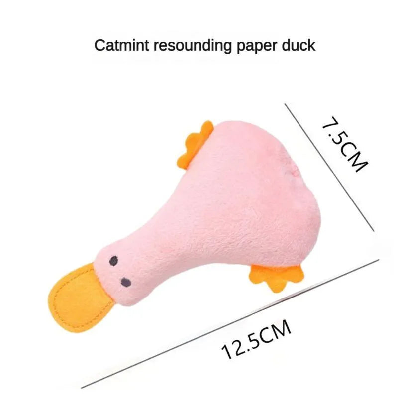 Colourful plush duck pet toy with catnip filling, squeaker, and rattle for cats and dogs