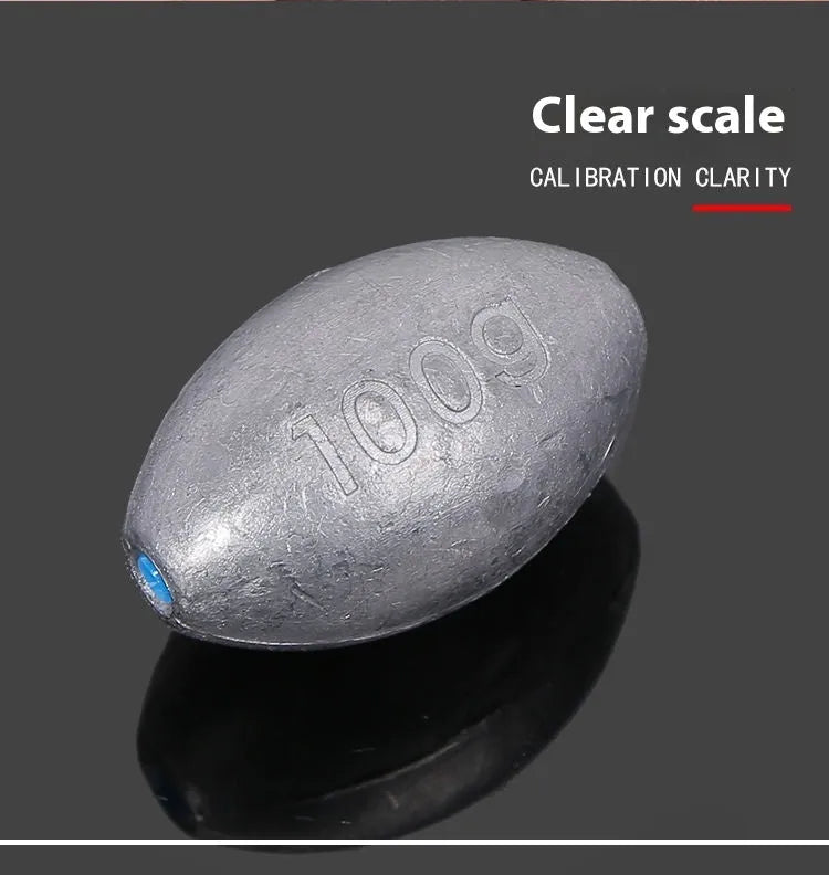 Olive coloured rugby-shaped fishing sinker with scale pattern, showing 10g to 150g weight options