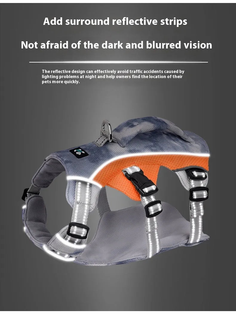 Reflective pet cooling chest strap harness for dogs in light blue, on a model.