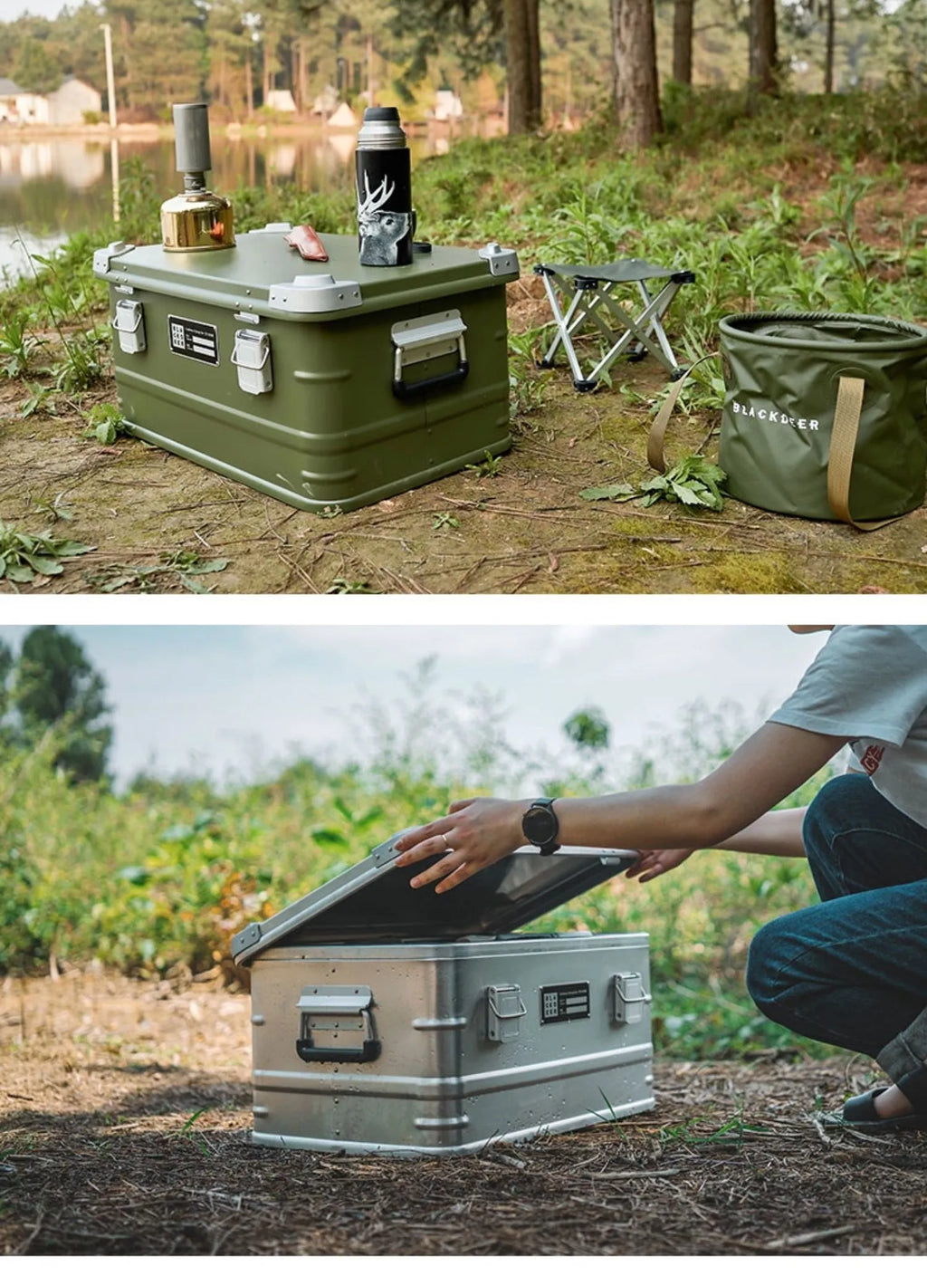 Field green aluminium alloy camping storage box with dimensions 58cm by 38cm by 28cm
