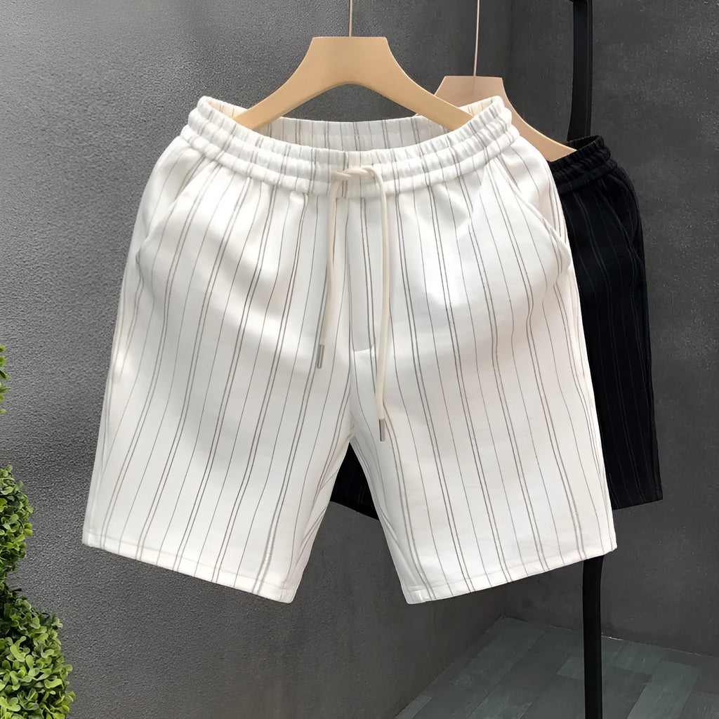 Black and white striped men's fleece-lined casual shorts with an elastic double waistband
