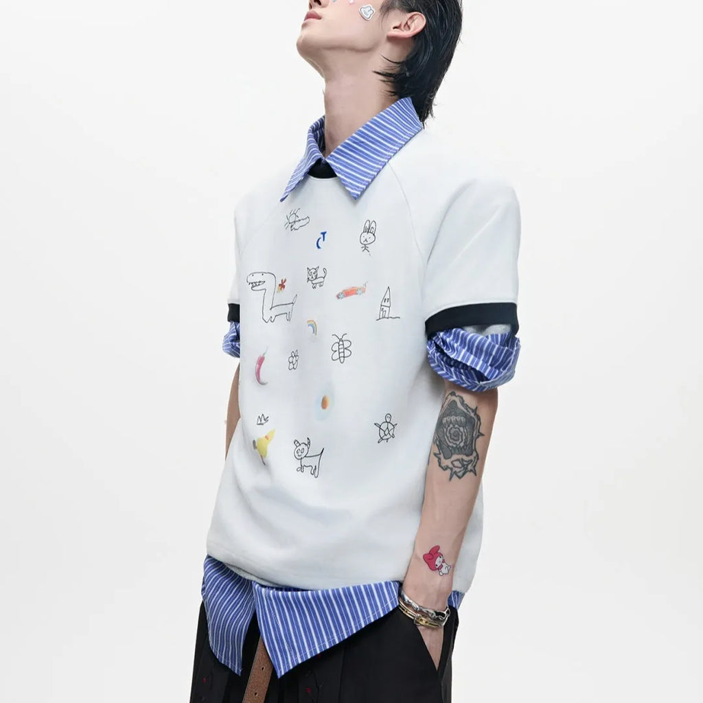 Men's blue loose fit short sleeve shirt with a cartoon print design on the front.