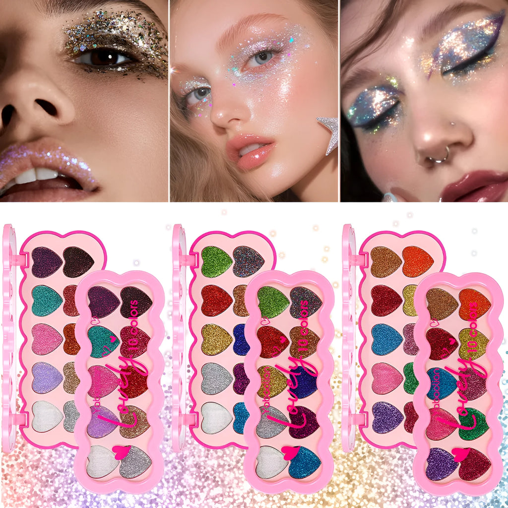 Heart-shaped compact open to show ten pans of pearlescent sequin eyeshadow in various colours.