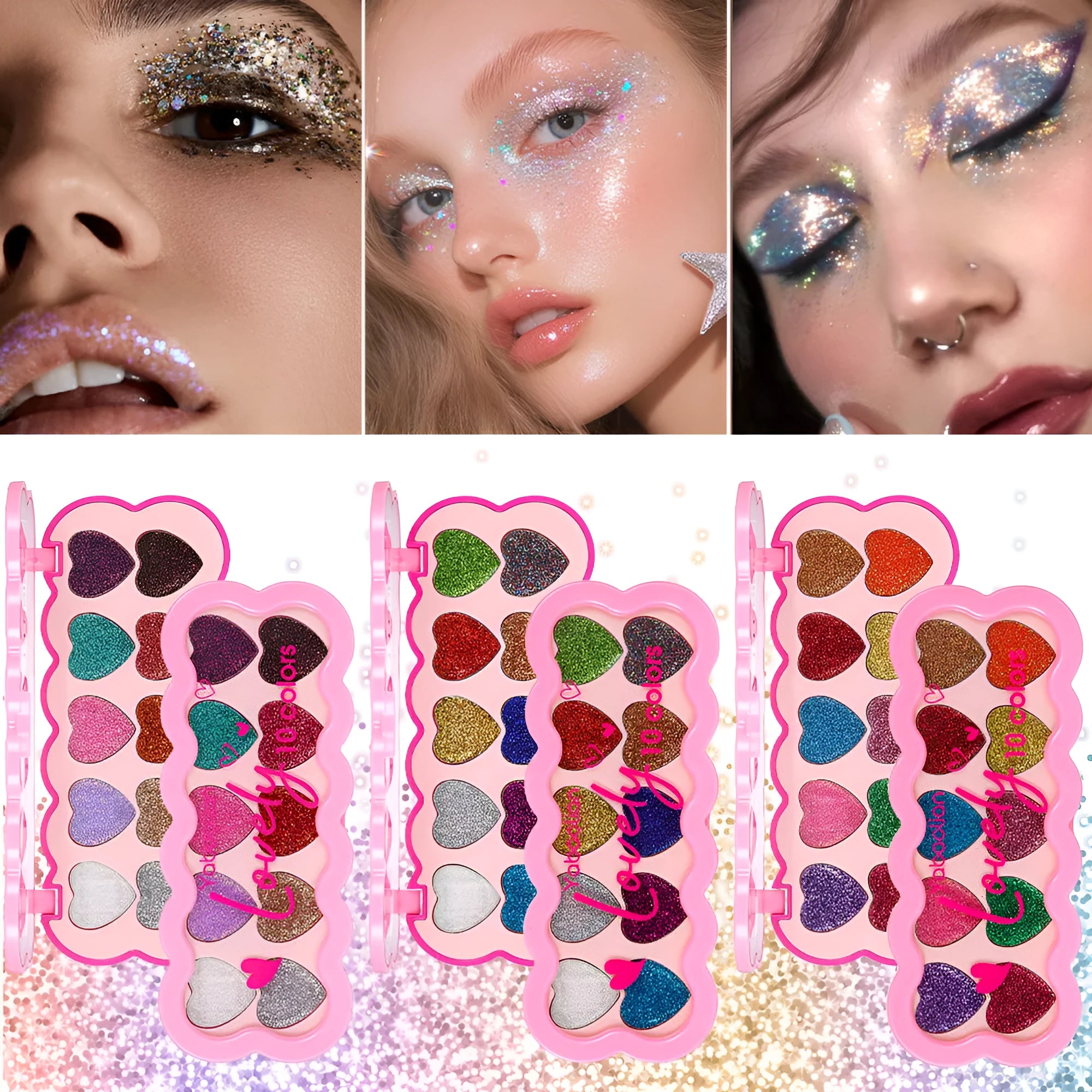Heart-shaped compact open to show ten pans of pearlescent sequin eyeshadow in various colours.