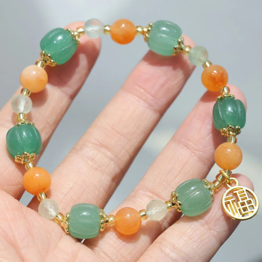 Jinsi Jade Duobao pumpkin bracelet with Prehnite spacers for women's 14-16.5cm wrists