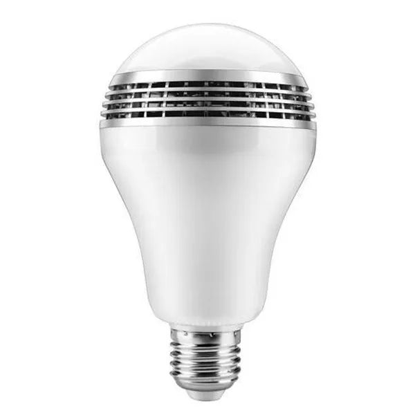 E27 LED smart Bluetooth speaker bulb with white PC body, 100mm diameter.
