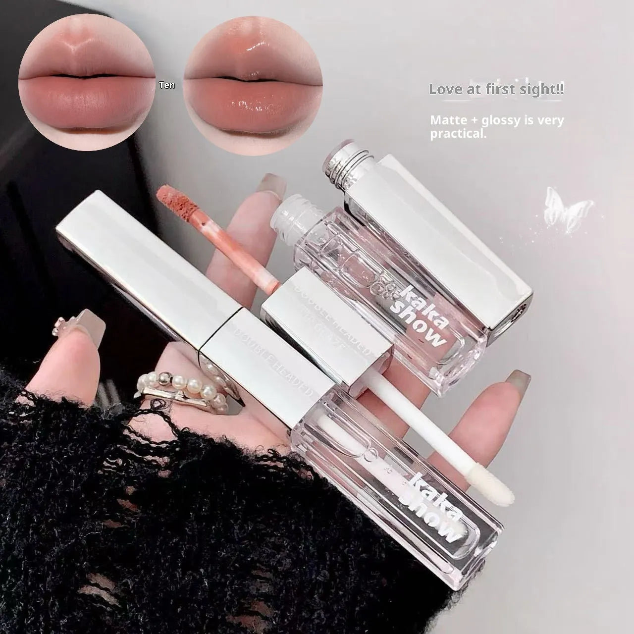 Kakashow double-headed lip glaze in five shades with velvet and water gloss finish