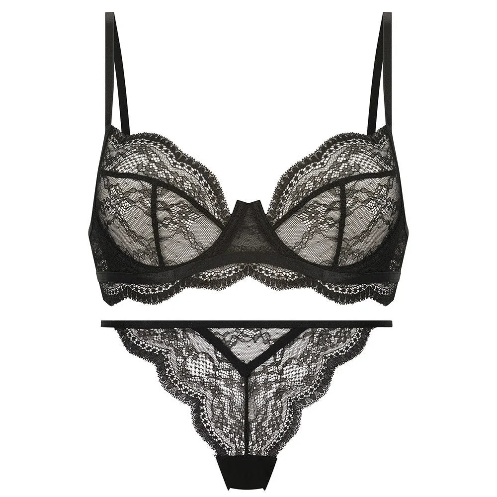 Women's black French bra bikini set with fixed double straps, shown as a two-piece swimwear.