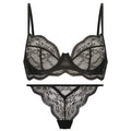 Women's black French bra bikini set with fixed double straps, shown as a two-piece swimwear.
