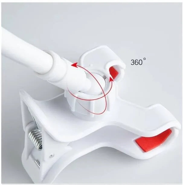 Lazy mobile phone bracket with spiral clip base and bendable alloy pipe in blue or pink, 80cm to 138cm