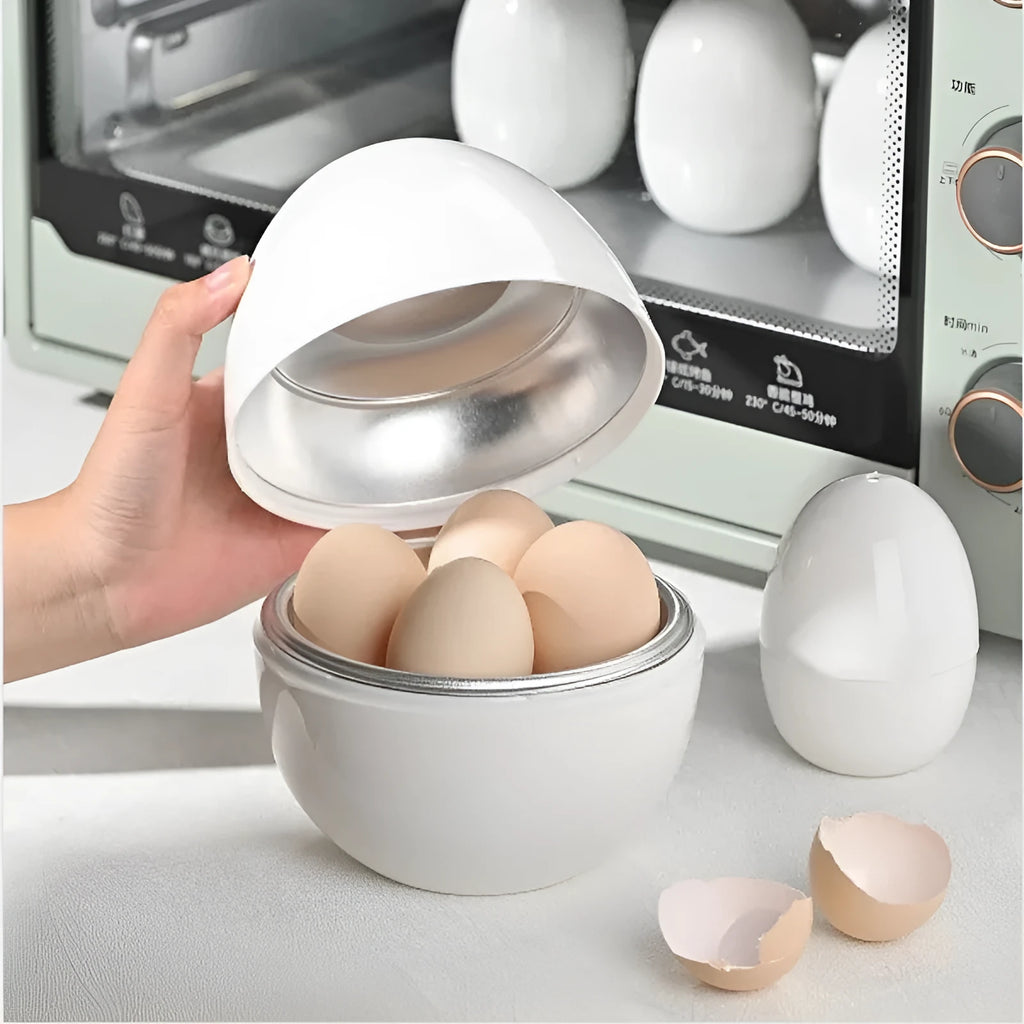 White microwave egg cooker steamer with capacity for four eggs, made from food grade plastic and aluminium.