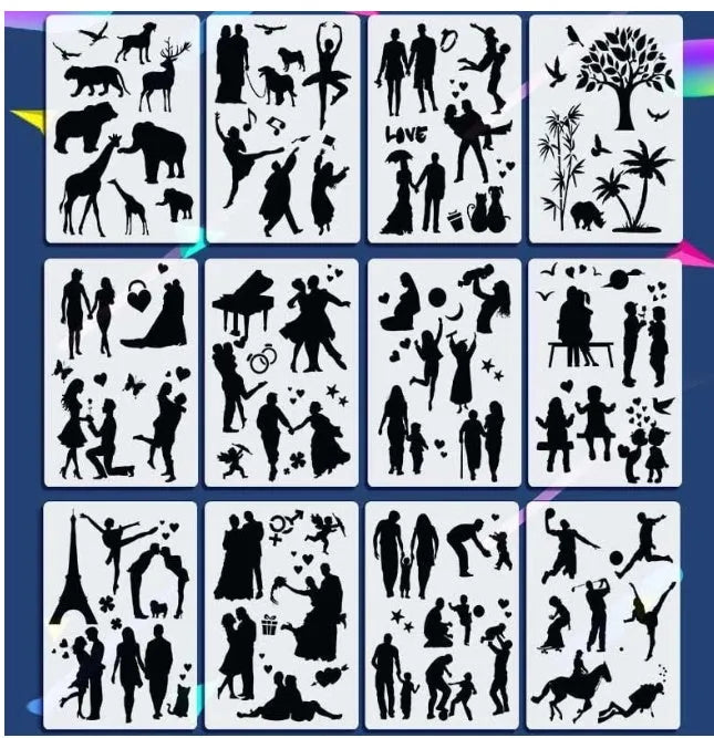 White plastic drawing stencil sets showing multiple pattern designs for art and craft projects