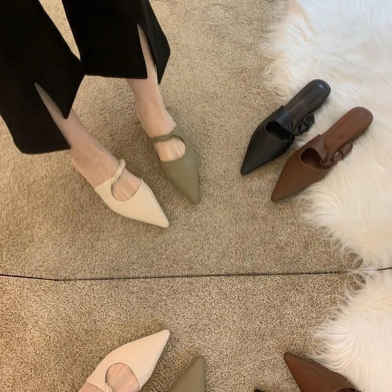 Women's leather slippers with semi-toe box design in four colour options