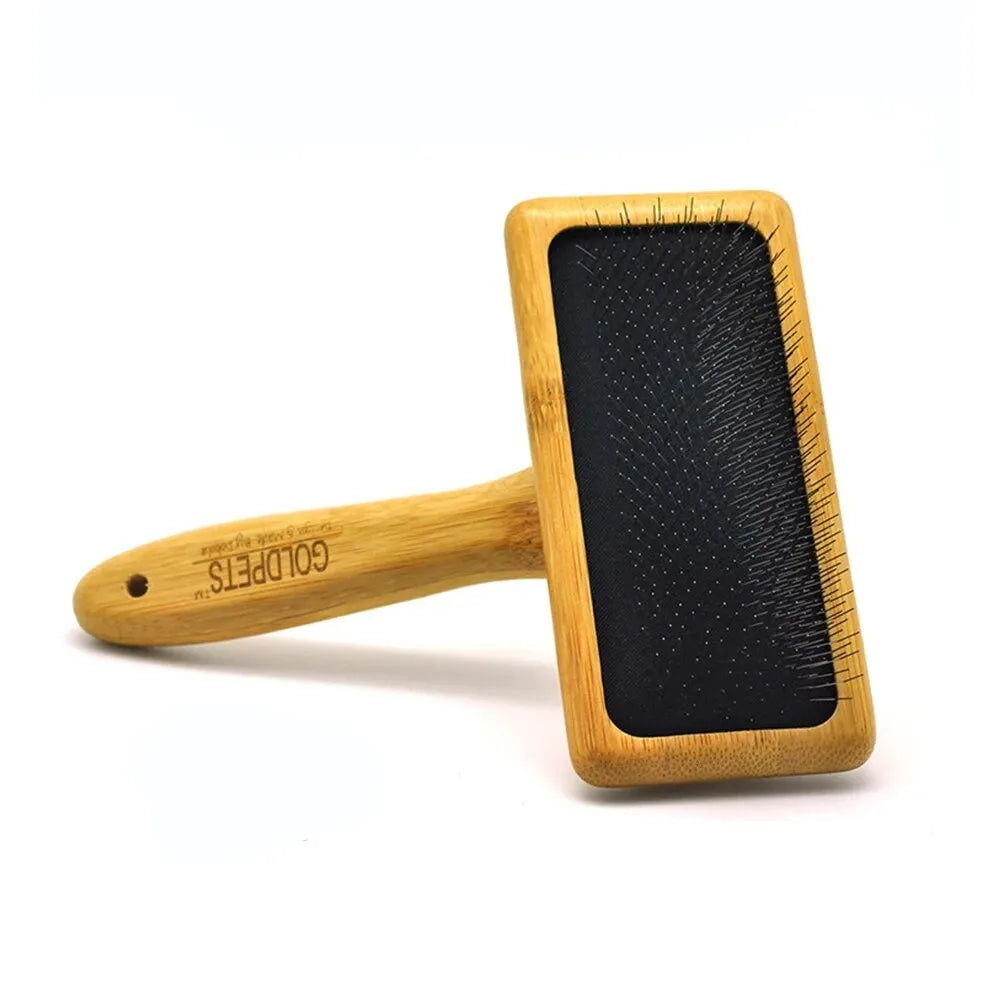 Bamboo and wood pet slicker brush with stainless steel pins for grooming long-haired cats and dogs