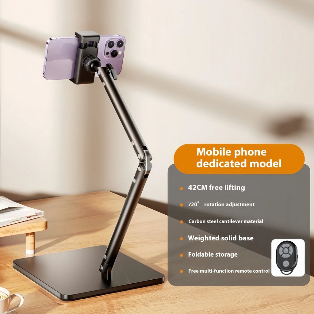 Alloy metal desktop phone bracket with adjustable arms and remote control for live streaming
