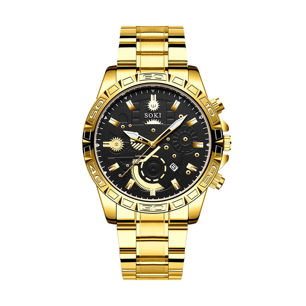 Men's gold-colour stainless steel business quartz wristwatch on a bracelet.
