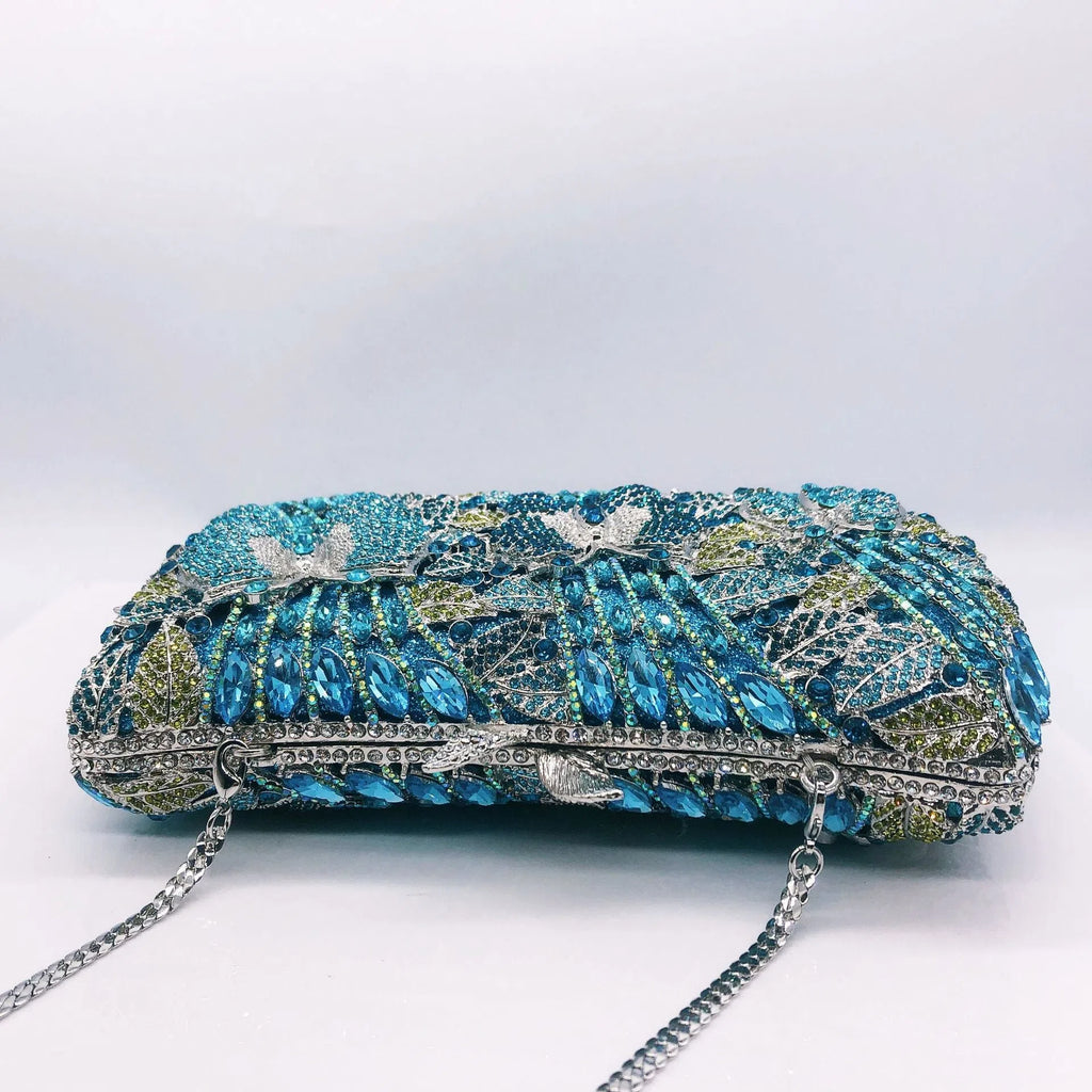 New fashion banquet dress gem handbag with diamond inlaid butterfly flower design in gold colour