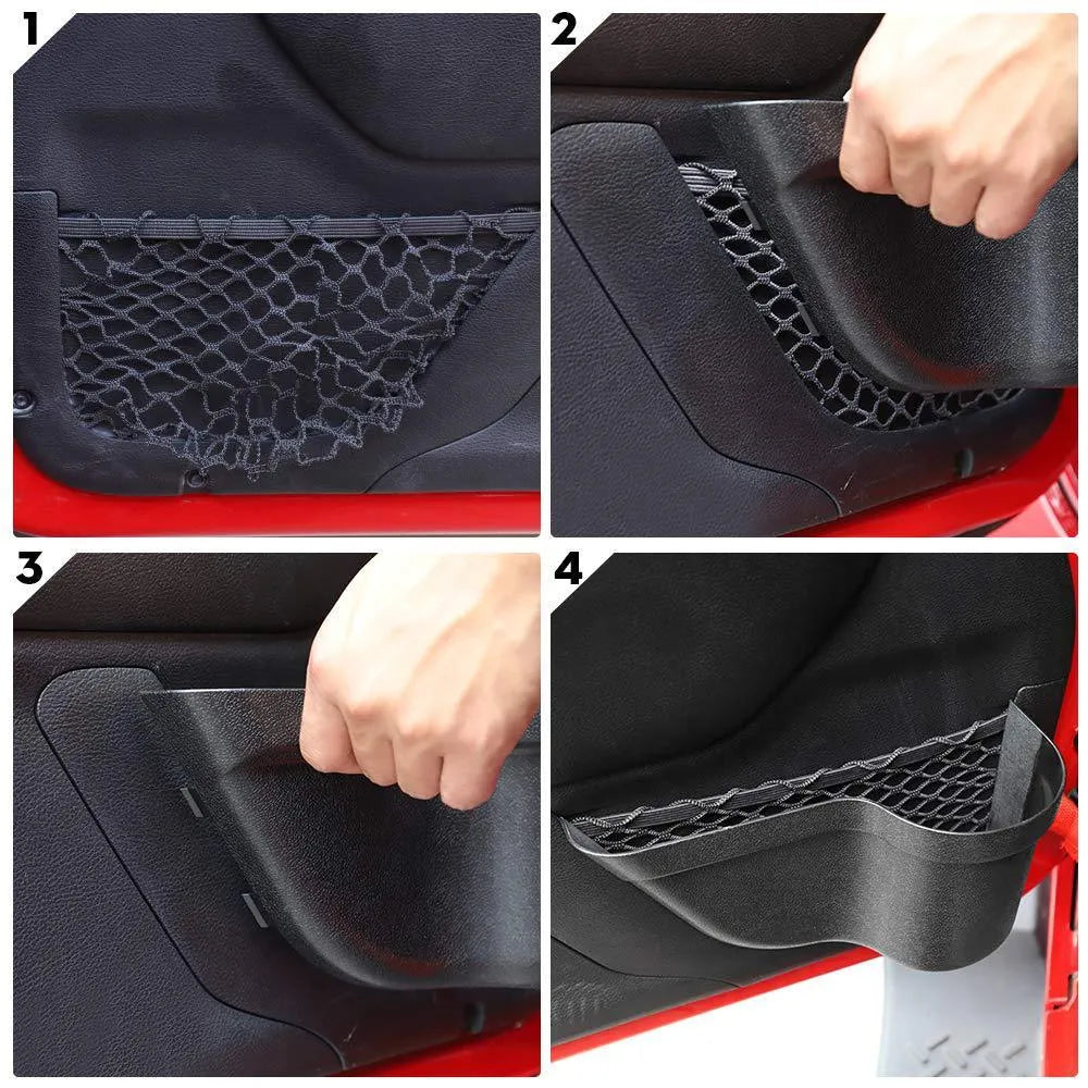 Pair of black aluminium alloy car interior storage boxes with net pocket design