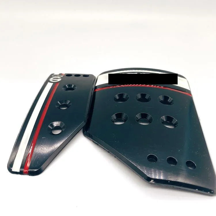 Set of three aluminium alloy car pedals for brake, accelerator, and clutch with screws and nuts.