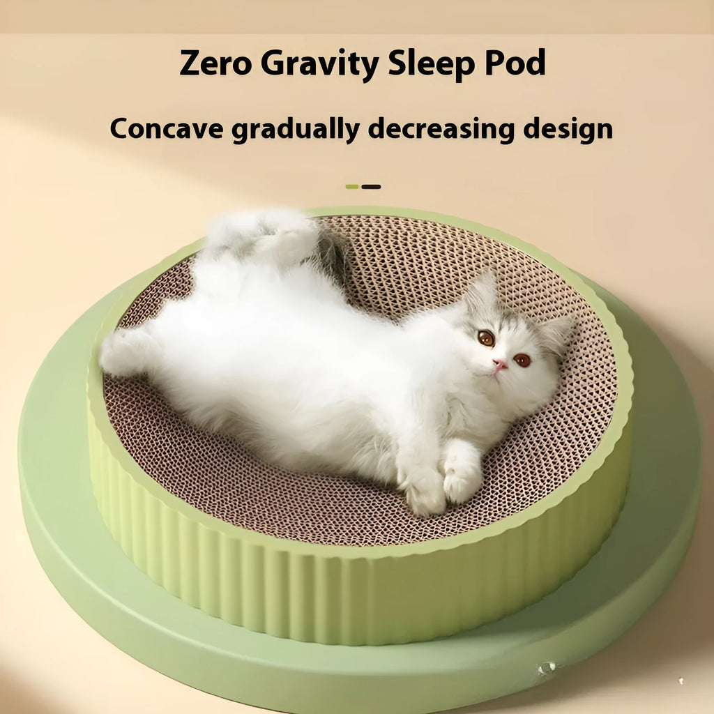 Round green cat scratching board with corrugated paper centre and two replacement packs.