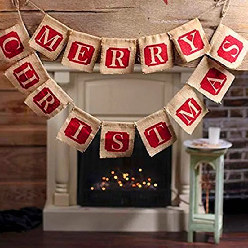 Brown and red burlap Christmas banner string with 14 fabric flags for wall decoration