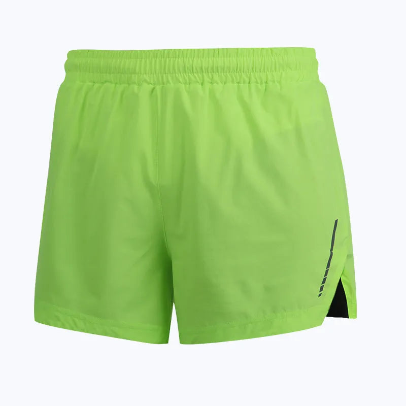 Man wearing grey quick-dry straight-leg polyester running shorts for marathon training.