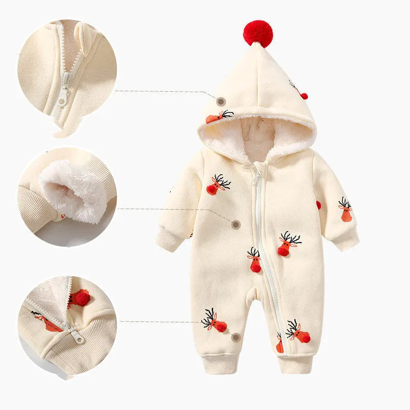 Khaki padded baby one-piece suit with Christmas moose print, shown on hanger.