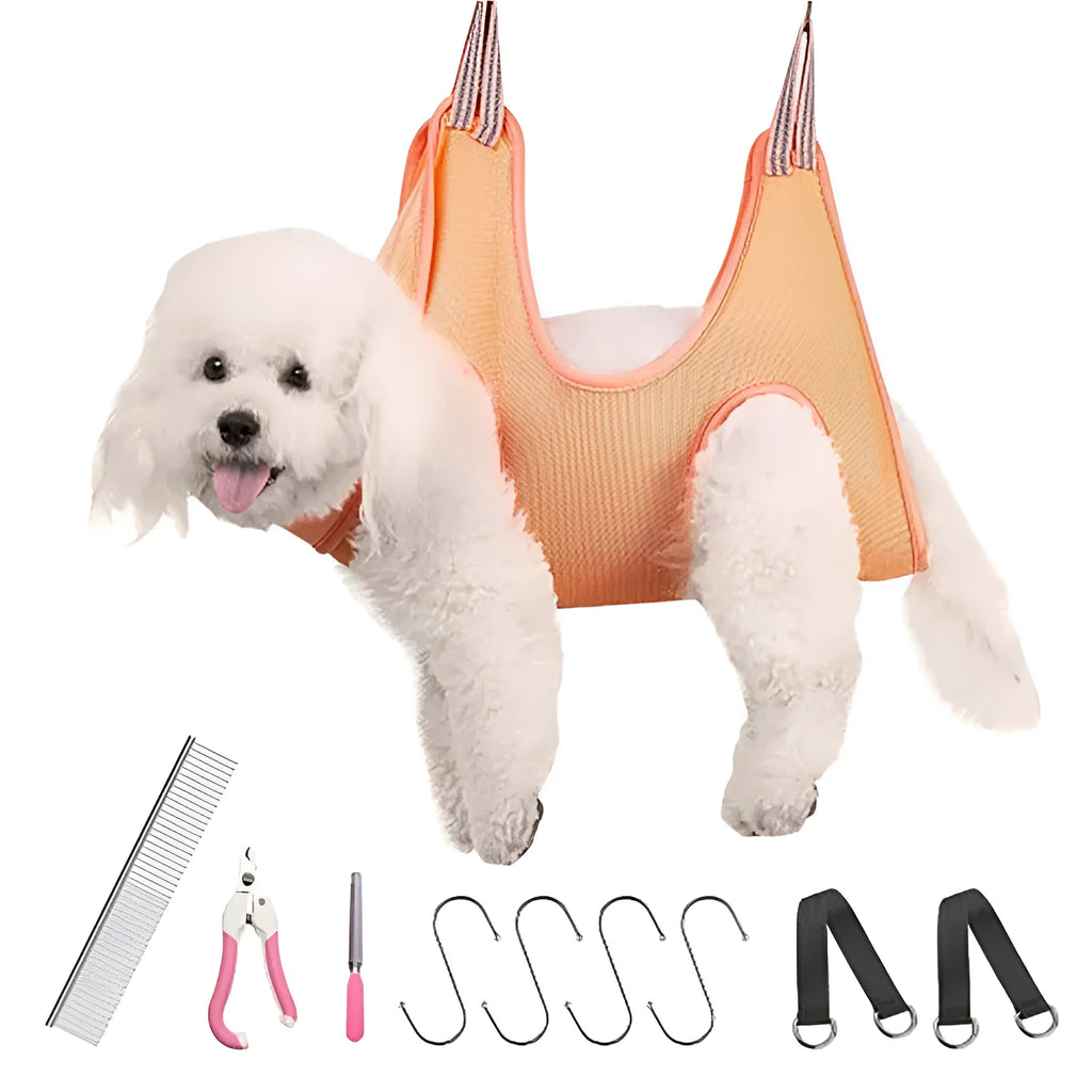 Small cat and dog grooming hammock made of breathable sandwich fabric in black with red edges
