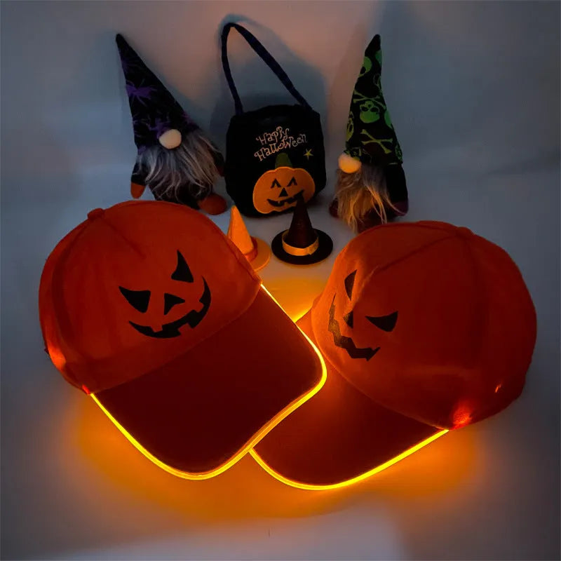 Halloween LED baseball cap with light-up front panel showing pumpkin smile design