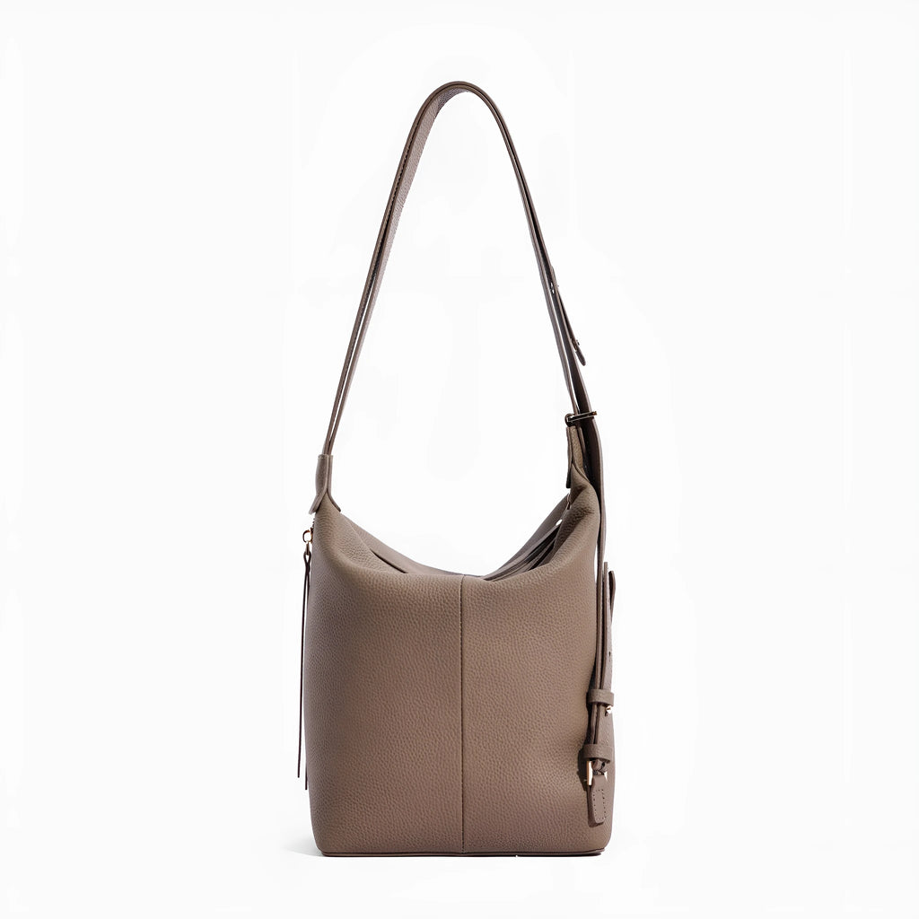 Women's genuine cowhide leather bucket shoulder bag in neutral colour with large capacity