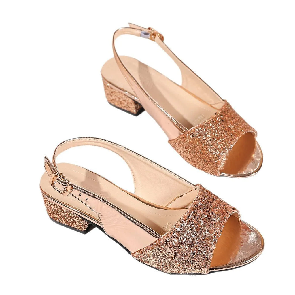 Gold women's open toe sandals with buckle fastening and fish mouth toe design