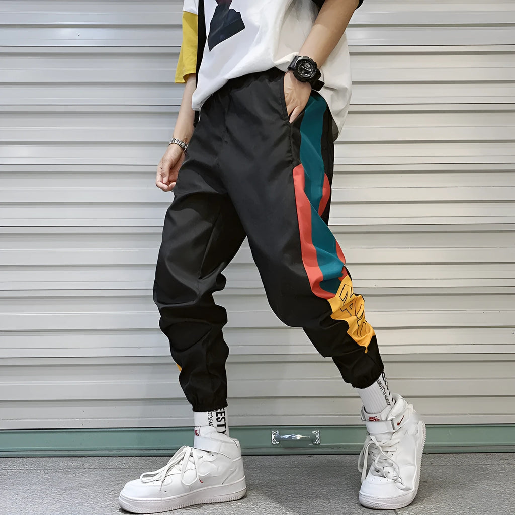 Summer men's Korean loose casual polyester sweatpants in black with elastic drawstring waist