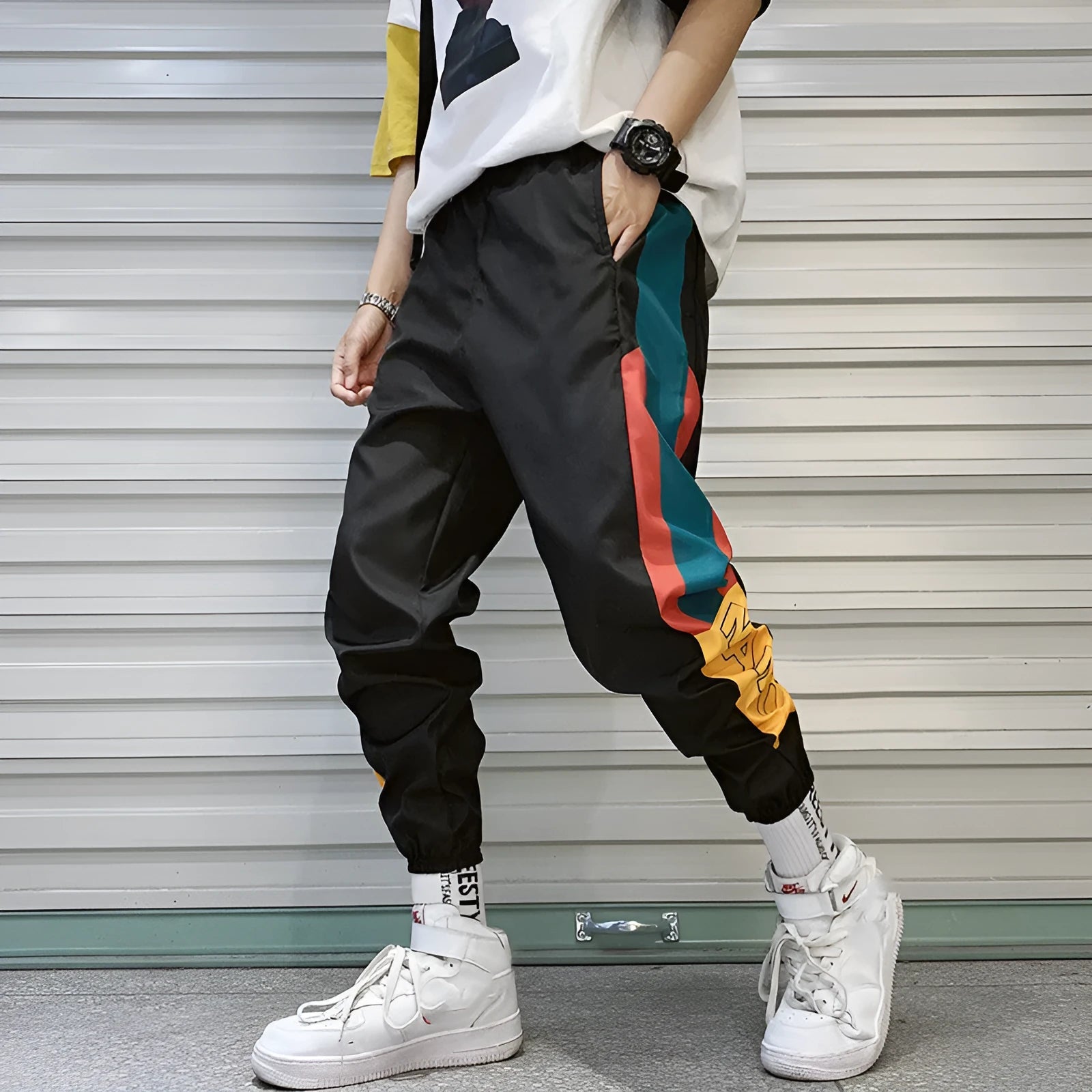 Summer men's Korean loose casual polyester sweatpants in black with elastic drawstring waist