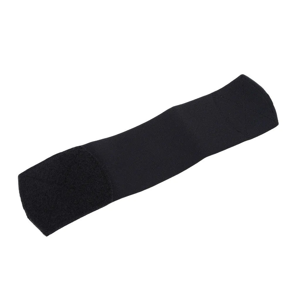 Rubber shin guard strap for football, shown in one of four colours: black, blue, red, or white.