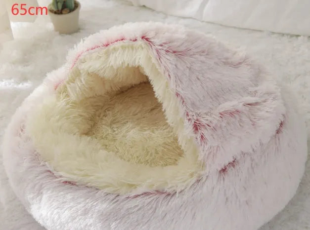 2 in 1 round plush pet bed with PP cotton filling for dogs and cats, available in brown, 65cm size