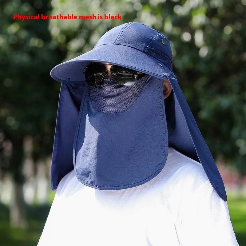 Men's khaki sun hat with built-in fan and neck covering shawl for outdoor fishing.